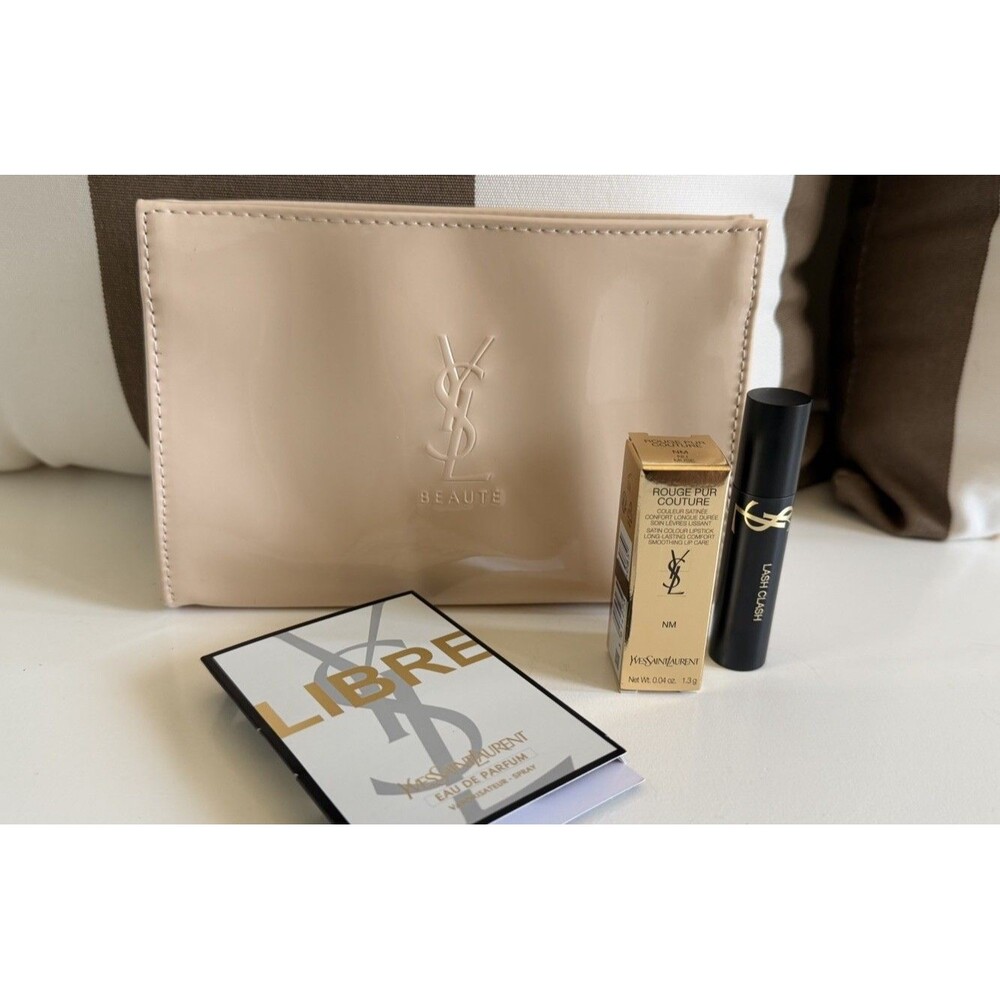 YSL Beauty Cosmetic Tan Patent Leather Pouch Mini Perfume, Lipstick & Mascara